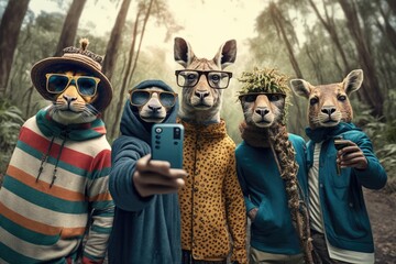 Wall Mural - Group of wild animals in the forest take a selfie with smartphone