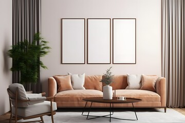 three mockup poster frames on the wall of the living room with a sofa. Luxury living room mockup poster frame hanging on the wall. Illustration. AI Generative