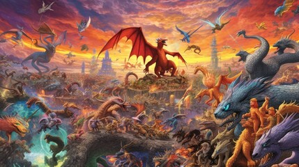 Wall Mural - Artwork showcasing a diverse array of legendary creatures from folklore and mythology, such as dragons, griffins, unicorns, and phoenixes, gathered in a majestic and awe - inspiring setting