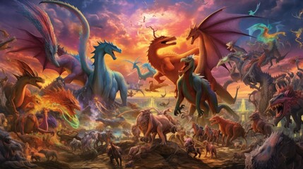 Wall Mural - Artwork showcasing a diverse array of legendary creatures from folklore and mythology, such as dragons, griffins, unicorns, and phoenixes, gathered in a majestic and awe - inspiring setting
