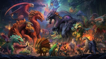 Wall Mural - Artwork showcasing a diverse array of legendary creatures from folklore and mythology, such as dragons, griffins, unicorns, and phoenixes, gathered in a majestic and awe - inspiring setting