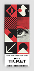 Poster - Postmodern illustrations with bold geometric shapes and abstract symbols. Ticket vector template has a simple layout for creating invitations, banners, posters, flyers, prints, labels, and tickets.