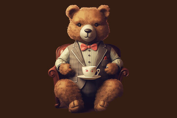 Sticker - Cute bear drinking tea . Cool bear toy for postcards, posters and prints design . Fashion slogan and style.