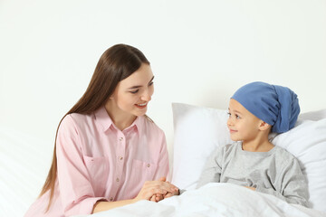 Canvas Print - Childhood cancer. Mother and daughter in hospital