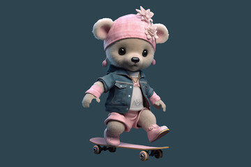 Sticker - teddy bear cute dressed skating on skateboard. Cool bear toy for postcards, posters and prints design . Fashion slogan and style.