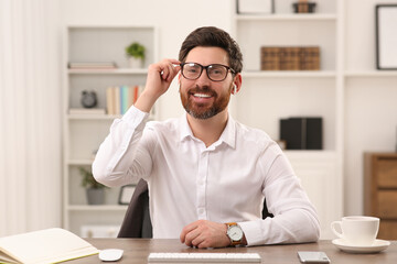 Poster - Happy businessman having online video call at wooden desk indoors, view from web camera