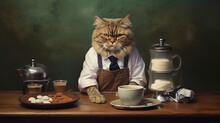 Cat Dressed Barista Serving Coffee In The Coffee Shop.Generative Ai.
