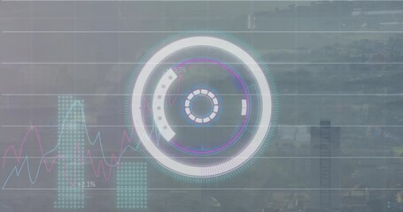 Poster - Animation of scope scanning and financial data processing over cityscape