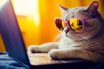 Cute grey cat looking at laptop in glasses on yellow background. Summer mood. Funny cat working on the laptop. AI generated
