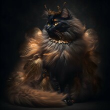 Gorgeous Norwegian Forest Cat Wearing A Black And Gold Amber Gown Made Of Peacock Feathers And Peaches Valentino Couture Surreal Flashing Neon Lights In A Renaissence Scene Majestic Aesthetics 