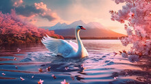 Swan Spreading Wings In The River With Fuji Mountain Background.Generative Ai.