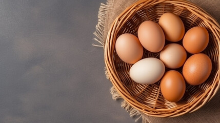 Fresh eggs in wooden basket.Generative Ai.