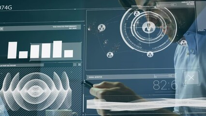 Poster - Animation of financial data processing over caucasian man using smartphone