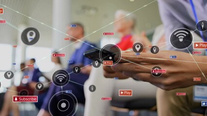 Poster - Animation of network of connections and social media icons over caucasian man using smartphone