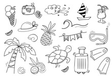 Cute Summer Tropic Traveling  Doodle Set. Hand Drawn Elements. Summertime, Traveling Concept. 