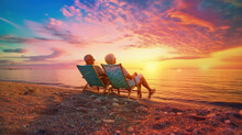 An Elderly Couple Sitting On The Beach Watching The Sunset Romantic Independent Lifestyle