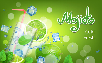 Fresh mojito poster or package design, banner, Glass of mojito cocktail with ice, mint and lime. Gold summer citrus drink. Vector 3d realistic