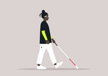 Young African Character Using A White Cane, A Visually Impaired Person Walking Outdoor