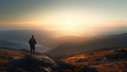 Poster - Men conquer mountain peak at sunrise, backpacking adventure generated by AI