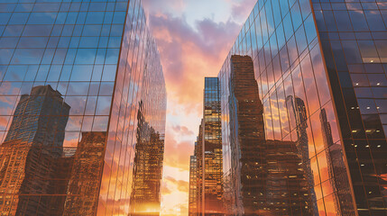 Wall Mural - A City Skyscrapers Sunlight is Reflected on the Glass Surface of the Building, the Geometric Background Pattern of the Glass Window on the Modern Building 