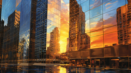 Wall Mural - A City Skyscrapers Sunlight is Reflected on the Glass Surface of the Building, the Geometric Background Pattern of the Glass Window on the Modern Building 