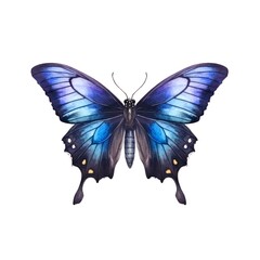 Wall Mural - Colorful butterfly with black and blue wings isolated on white background in watercolor style. Generative AI.