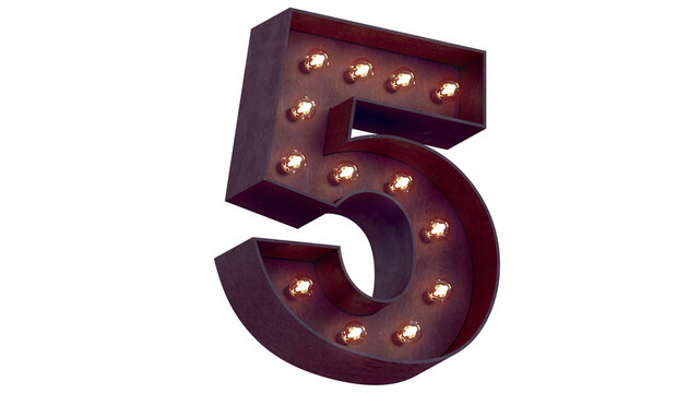 Light bulb glowing digit alphabet character 5 four font. Perspective view illuminated number 5 symbol on transparent background. 3d rendering illustration. PNG alphabet.