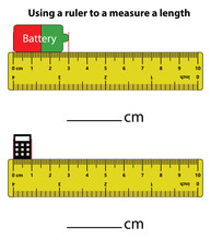 Measuring Length In Centimeters With The Ruler. Education Developing Worksheet. Game For Kids. Puzzle For Children. Vector Illustration. Cartoon Style.