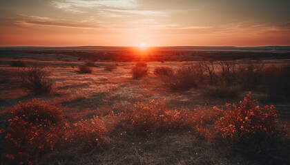 Wall Mural - Vibrant sunrise over tranquil meadow and forest generated by AI