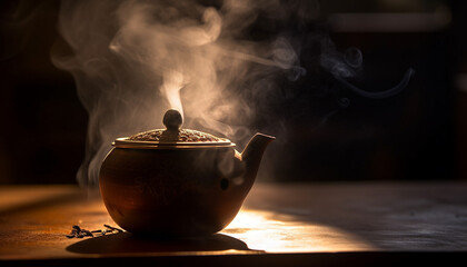 Wall Mural - Hot tea steams from old fashioned teapot on table generated by AI