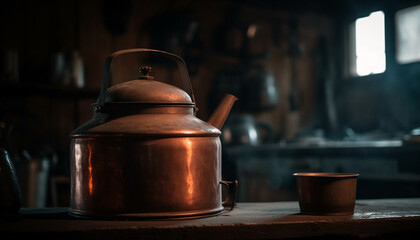 Wall Mural - Rustic kitchen with antique equipment and pottery generated by AI