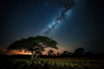 colorful night landscape with milky way against the backdrop of trees, ai generated