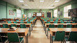 © JMarques - A high school classroom with desks, chairs, books, blackboard and school supplies. Concept of back to school and new school year. Generative ai