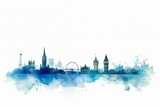 Fototapeta Londyn - london city skyline, A Captivating Watercolor-style Blue Silhouette of London's Iconic Skyline, Set against a White Background, Uniting Bavarian Artistry with London's Vibrant Charm