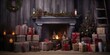 © Kaleb - Christmas scenery in home interior with black wooden wall, fireplace, Christmas tree, gifts, candles and decor, Generative AI