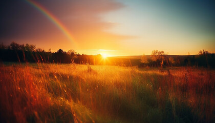 Poster - Sunrise over tranquil meadow, nature vibrant growth generated by AI