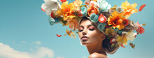 Surreal Abstract Woman Portrait With Flowers Over Head On Blue Background. Bright Summer Colors. Concept Of Environmental Friendliness And Naturalness Of Cosmetic Products. Banner. Generative Ai 