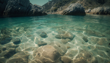 Poster - Tranquil scene, waves crash on rocky shore generated by AI