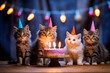 Four cats celebrating a birthday with cake. AI Generative.
