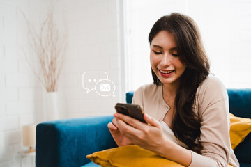 Poster - Woman using social media and digital online, woman using smart phone with Social media. concept of living on vacation and playing social media. online marketing, technology network concept.