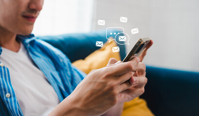 Poster - Man sending email by smartphone to customer, business contact and communication, email icon, email marketing concept, send e-mail or newsletter, online working internet network.