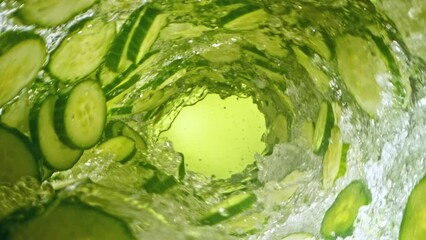 Poster - Super Slow Motion of Water Wave with Cucumber Slices. Water Surf Wave Rotating Around in Creating Tunnel Shape. Filmed on high speed cinema camera, 1000 fps.