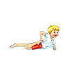Kids Yoga - Joga für Kinder, Asana halber Frosch, horizontal Banner Design Concept Cartoon. Junge barfuß in Yoga Haltung, macht fröhliches Gesicht. Yogi Logo auf Hintergrund in weiß.