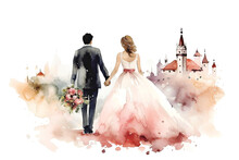 Watercolor Catholic Church With Groom And Bride Isolated On White, Wedding Background