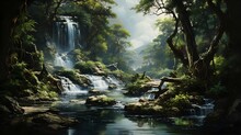 A Hyperrealistic Oil Painting Of A Majestic Waterfall, With Intricate Details And Lifelike Textures. (Generative AI)