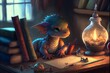 © Jean - hyperdetailed painting of a cute little baby fire dragon sitting on the desk of a magic student school supplies books notebooks pen pencils pencil case crystal ball halffilled flasks magic wand