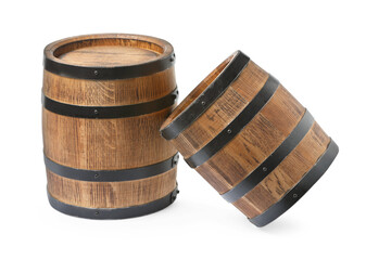 Two traditional wooden barrels on white background