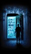 staring into an open refrigerator at night in a dark scary backlit forest 