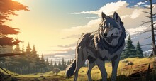 Comics Anime Style Painting Of A Majestic Wolf. 