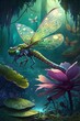 A Magical Enchanted Forest with Exotic Carnivorous Plants only found in the verdant forests of Neptune Bullfrog Dragonfly Fusion in the enchanted forest flying around colorful joyful realistic 